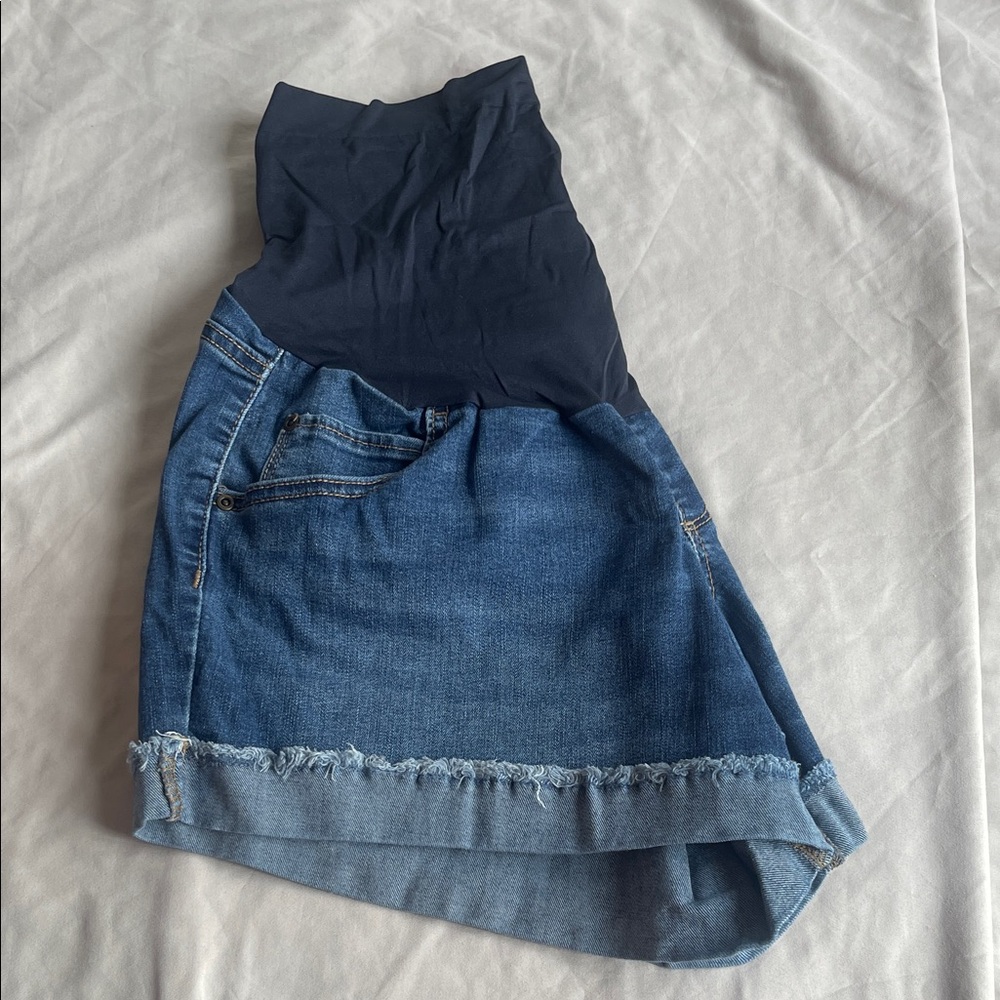 a:glow Women's Maternity Denim Jean Shorts with Frayed Hem